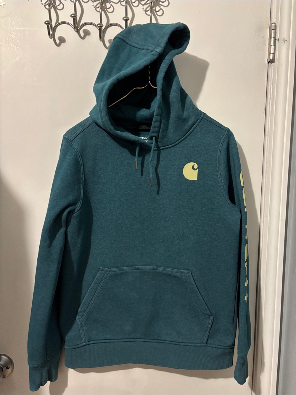 Carhartt Teal Green Pullover Hoodie with Yellow Logo